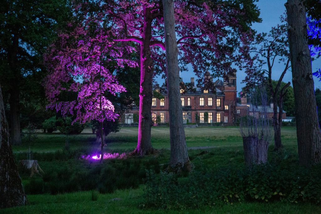 Photo of Capesthorne Hall taken at dusk through some trees which are lit in purple.