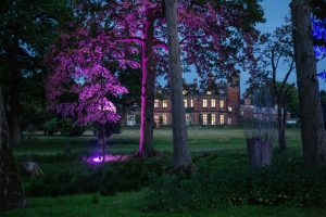 Photo of Capesthorne Hall taken at dusk through some trees which are lit in purple.
