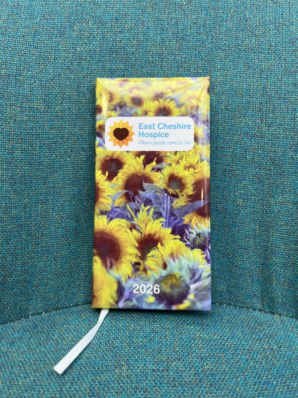 Photo of 2025-2026 diary with sunflowers pattern and East Cheshire Hospice logo