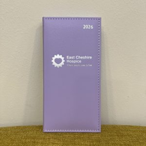 Photo of 2025-2026 diary in lilac with East Cheshire Hospice logo