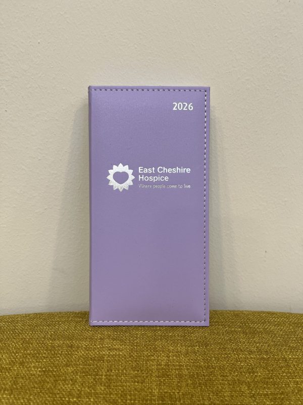 Photo of 2025-2026 diary in lilac with East Cheshire Hospice logo