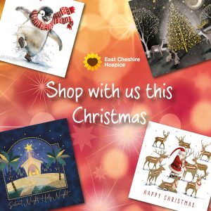 Graphic containing the words "Shop with us this Christmas" and images of Christmas cards