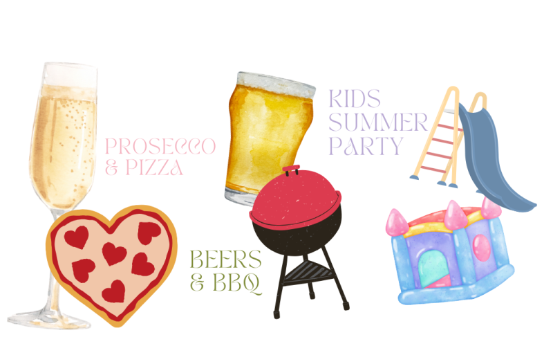 A poster promoting a party with animated images of prosecco, pizza, a bouncy castle, beer, a BBQ and a slide