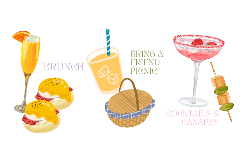 Poster promoting a party with animated images of different food and drinks