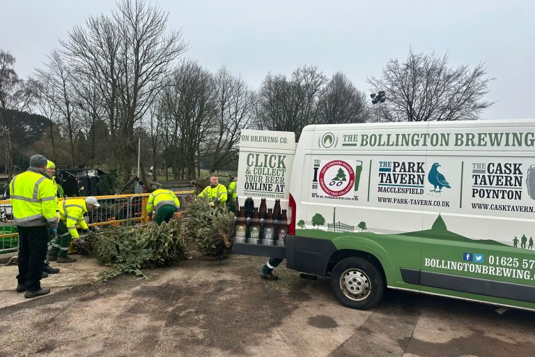 A van from Bollington brewery collecting donated trees from East Cheshire Hospice