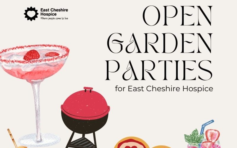 An advert promoting the open garden parties for the Hospice with animated images of food and drink