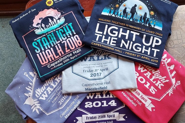 Six t shirts from different Starlight Walks dated from 2014 to 2019
