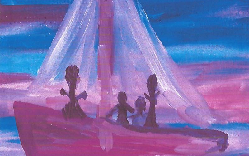 A mix of a blue and purple painting of four people sailing on a boat