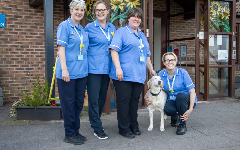 Photo of four clinical staff stood outside the Hospice entrance smiling at the camera with a golden retriever dog between them