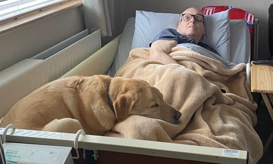 Photo of Hospice patient Shane in bed with pet Labrador lying at the bottom of the bed