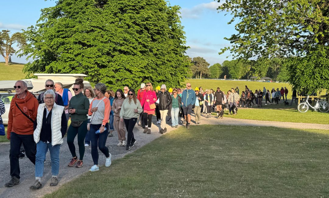 Photo of walkers in sunshine making their way round the Capesthorne circuit at Starlight Walk